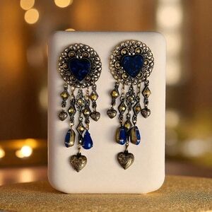Vintage Bohemian Ethnic Heart Dangle Earrings Royal Blue & Gold Very Good
